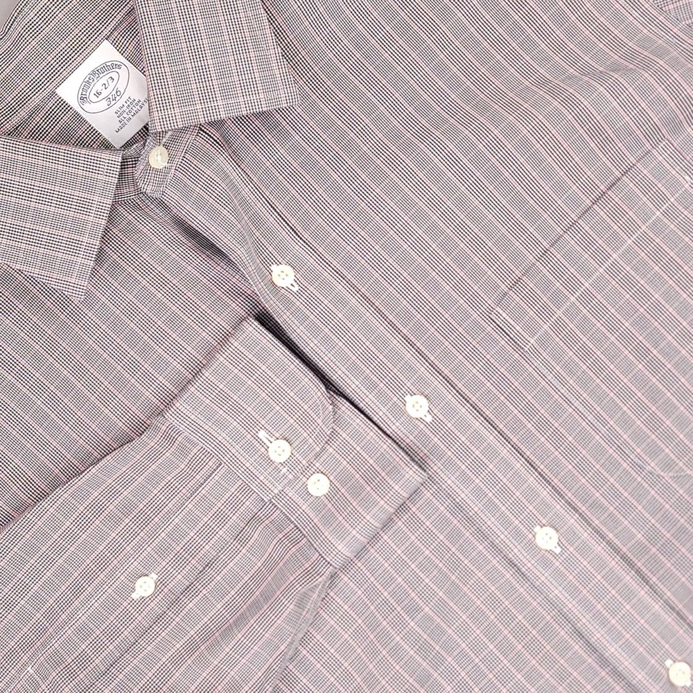 Brooks‎ Brothers Shirt Mens 16 2/3 Black Red Houndstooth Slim Fit Non-Iron
